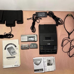 Vintage Philips LFH 710T Transcription Kit & Pocket Memo 596 – Complete Analog Dictation System with Box, Retro Office Tech, 1990s