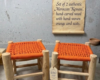 Set of 2 Authentic Moroccan Kessass Stools – Hand-Carved Lemon Wood, Vibrant Orange Woven Cord – Bohemian Footrest & Rustic Home Decor