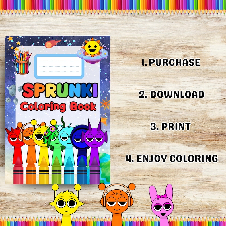 Peut inclure: Un livre de coloriage "Sprunki" pour enfants avec une couverture sur le th&egrave;me de l'espace. La couverture pr&eacute;sente des personnages de dessins anim&eacute;s et un soleil souriant dans un vaisseau spatial. Instructions: 1. Acheter, 2. T&eacute;l&eacute;charger, 3. Imprimer, 4. Colorier.