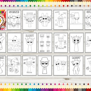 May include: A set of 16 black and white coloring pages featuring cartoon characters. The characters are named Sprunki, Pinki, Owakcx, Raddy, and Aque. The pages are designed for children to color.