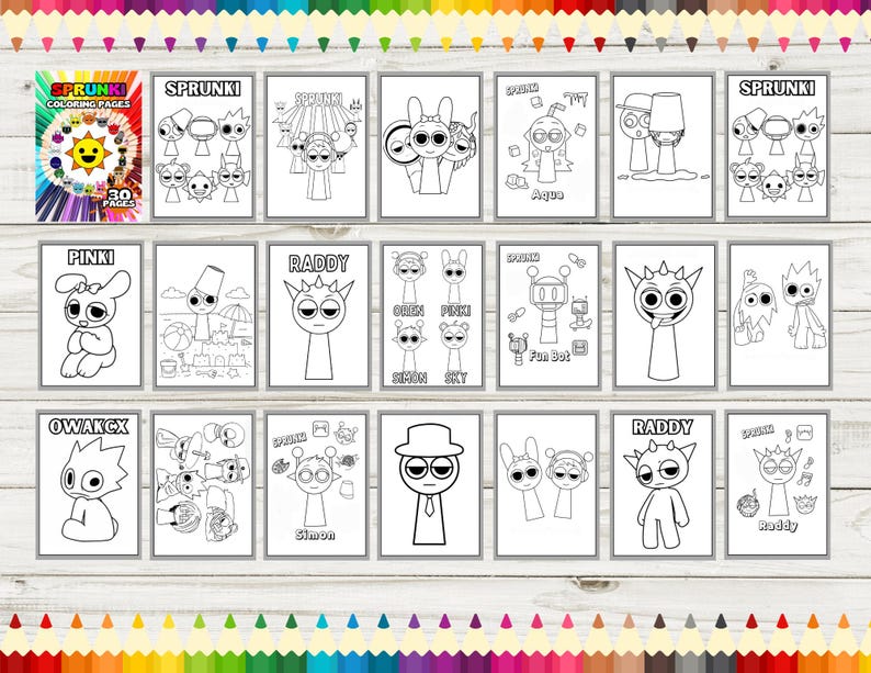 May include: A set of 16 black and white coloring pages featuring cartoon characters. The characters are named Sprunki, Pinki, Owakcx, Raddy, and Aque. The pages are designed for children to color.