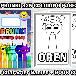 Peut inclure: Un livre de coloriage "Sprunki x25 Coloring Pages". La couverture pr&eacute;sente un th&egrave;me spatial avec un soleil dans un vaisseau spatial et des personnages en forme de crayon. Les pages &agrave; colorier ont des noms de personnages.