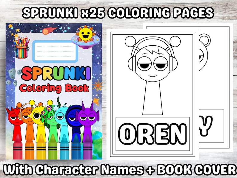 Peut inclure: Un livre de coloriage "Sprunki x25 Coloring Pages". La couverture pr&eacute;sente un th&egrave;me spatial avec un soleil dans un vaisseau spatial et des personnages en forme de crayon. Les pages &agrave; colorier ont des noms de personnages.
