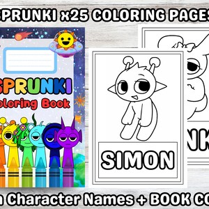 Peut inclure: Un livre de coloriage Sprunki avec 25 pages, avec une couverture avec des crayons color&eacute;s et des personnages extraterrestres. Comprend des pages &agrave; colorier avec le nom "Simon". Le texte "With Character Names + BOOK COVER" est &eacute;galement visible.