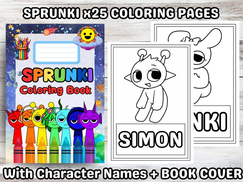 Peut inclure: Un livre de coloriage Sprunki avec 25 pages, avec une couverture avec des crayons color&eacute;s et des personnages extraterrestres. Comprend des pages &agrave; colorier avec le nom "Simon". Le texte "With Character Names + BOOK COVER" est &eacute;galement visible.