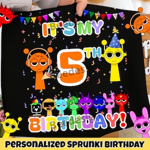 May include: Black t-shirt with the text "IT'S MY 5TH BIRTHDAY!" and colorful cartoon characters. The design includes confetti, a banner, and the words "PERSONALIZED SPRUNKI BIRTHDAY" at the bottom.