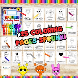 Peut inclure: Image pr&eacute;sentant un livre de coloriage "SPRUNKI" et 25 pages &agrave; colorier avec divers personnages de dessins anim&eacute;s. Les pages sont en noir et blanc, pr&ecirc;tes &agrave; &ecirc;tre colori&eacute;es. Des crayons sont dispos&eacute;s autour de l'image.