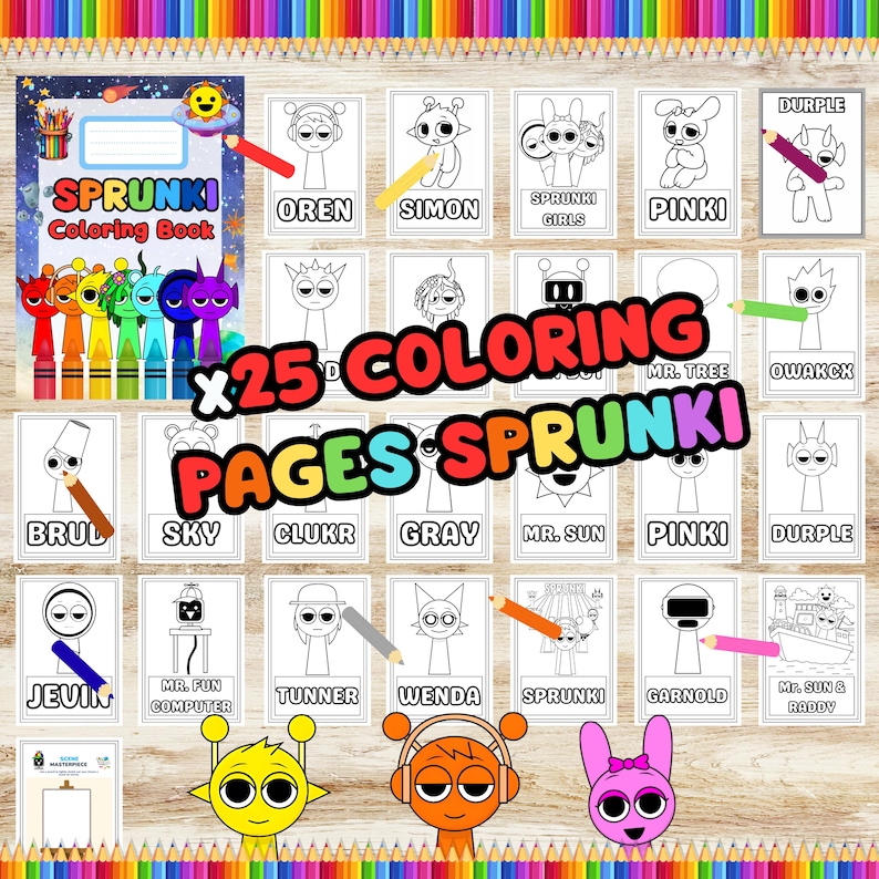 Peut inclure: Image pr&eacute;sentant un livre de coloriage "SPRUNKI" et 25 pages &agrave; colorier avec divers personnages de dessins anim&eacute;s. Les pages sont en noir et blanc, pr&ecirc;tes &agrave; &ecirc;tre colori&eacute;es. Des crayons sont dispos&eacute;s autour de l'image.
