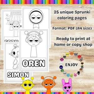 Peut inclure: Pages de coloriage imprimables avec des personnages de dessins anim&eacute;s. Les pages incluent les noms "OREN" et "SIMON", et le texte "SPRUNKI". Le produit est un PDF au format A4, pr&ecirc;t &agrave; &ecirc;tre imprim&eacute; &agrave; la maison ou dans une imprimerie. Le mot "ENJOY" est &eacute;galement visible.