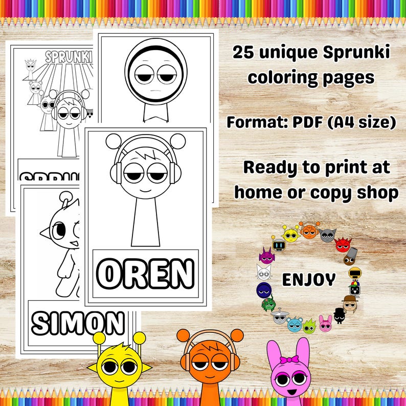 Peut inclure: Pages de coloriage imprimables avec des personnages de dessins anim&eacute;s. Les pages incluent les noms "OREN" et "SIMON", et le texte "SPRUNKI". Le produit est un PDF au format A4, pr&ecirc;t &agrave; &ecirc;tre imprim&eacute; &agrave; la maison ou dans une imprimerie. Le mot "ENJOY" est &eacute;galement visible.