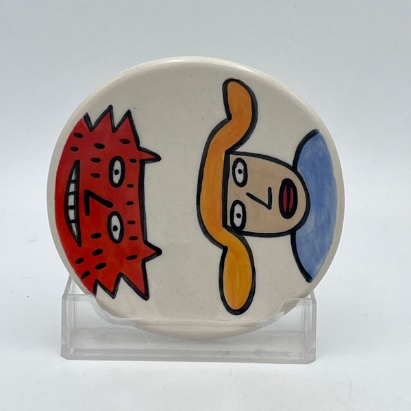 Hand painted small ceramic dish- Red cat/orange hair person