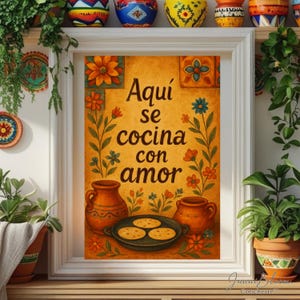 Aquí Se Cocina Con Amor Wall Art – Mexican Kitchen Printable with Clay Pot & Tortillas | Rustic Spanish Quote Digital Download