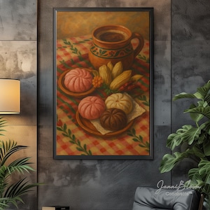 Pan Dulce and Cafe de Olla Wall Art, Traditional Kitchen Decor, Tamales and conchas art, rustic art, Mexican Art, Mexican art digital print