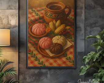 May include: A framed still life painting featuring a terracotta mug filled with coffee, surrounded by traditional Mexican pastries, corn, and chili peppers. The scene is set on a red and white checkered tablecloth.