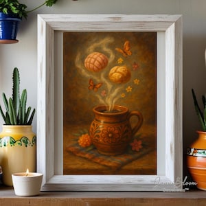 May include: A framed art print shows a brown ceramic mug with floral designs, steaming with two pastries and butterflies floating above. The artwork is set on a patterned cloth, with orange flowers. The frame is white.