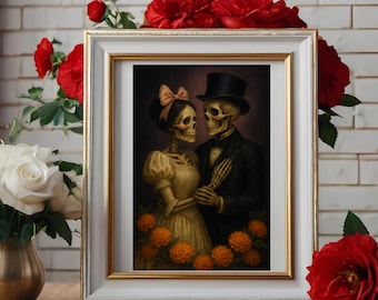 Romantic Calavera Couple Art Print: Día de Muertos Gothic Decor (Digital Download)