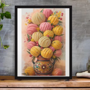 Impresión artística de pan dulce mexicano, descarga digital, conchas coloridas en jarrón de talavera, decoración de pared de cocina, herencia mexicana, arte latino