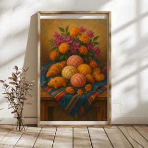 Peut inclure: Peinture encadrée de nature morte représentant des pains mexicains, dont des conchas, des croissants et des pâtisseries en forme de cochon. L'arrangement est posé sur un tissu rayé coloré, avec un bouquet de fleurs orange et violettes en arrière-plan.