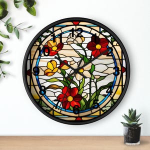 Floral Stained Glass Look Wall Clock: Boho Home Decor