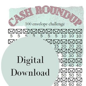 Cash Roundup 100 envelope savings challenge digital download pdf no singles, save over 5,000 euro, canadian, etc image 1