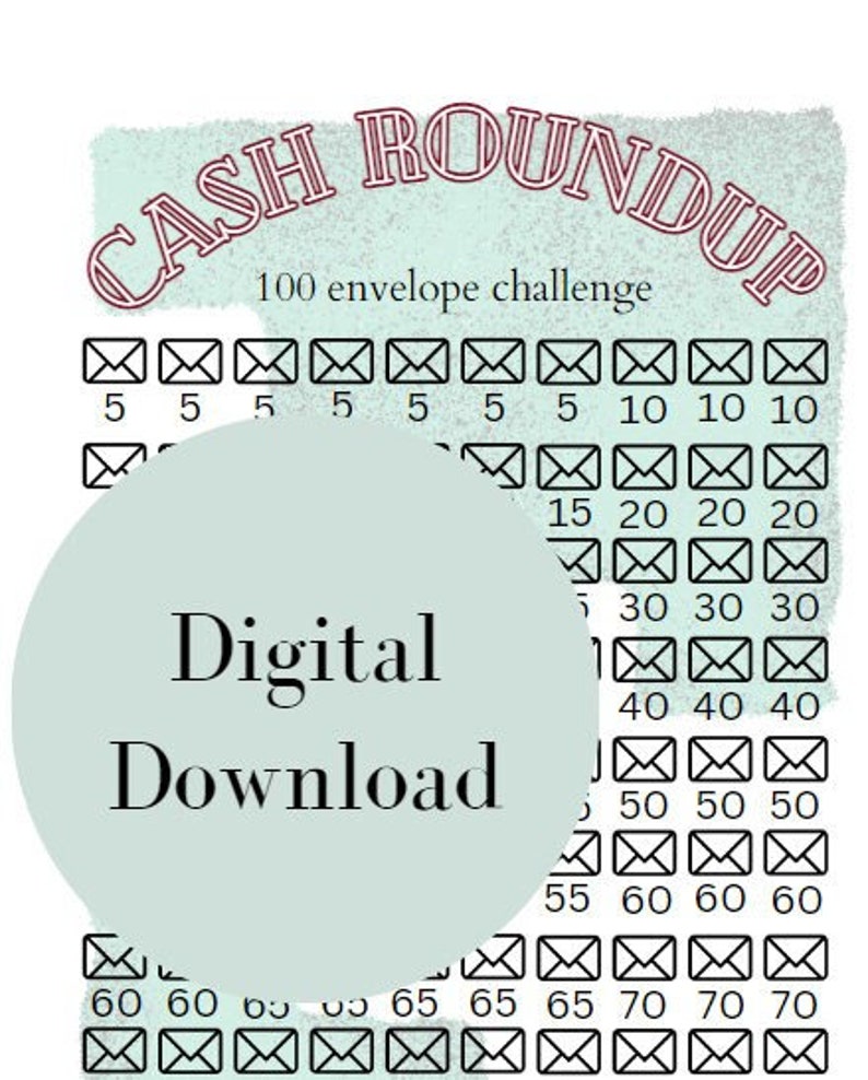 Cash Roundup 100 envelope savings challenge digital download pdf no singles, save over 5,000 euro, canadian, etc image 1