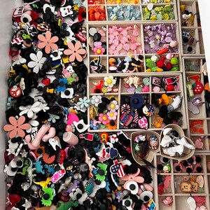Op de afbeelding: Een verzameling kleurrijke schoenbedels in verschillende vormen en ontwerpen, waaronder bloemen, stripfiguren en vlaggen. De bedels zijn georganiseerd in een lade met meerdere compartimenten, met een verscheidenheid aan stijlen en kleuren.