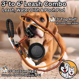 Puede incluir: Una correa para perro naranja y negra de 90 cm a 180 cm con un cuenco de agua y un dispensador de bolsas para caca. La correa está hecha de cuerda y tiene un clip en un extremo. El cuenco de agua es negro y tiene una tapa. El dispensador de bolsas para caca es negro y tiene una etiqueta blanca. La correa se muestra con un perro.