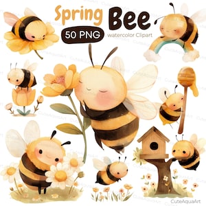 Frühlingsbiene Aquarell Clipart Bundle, süße Honigbiene PNG, Gartenbiene Set, süße Hummeldekor, Sublimation, kommerzielle Nutzung