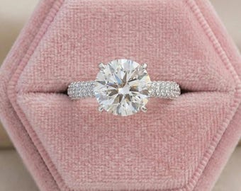 Round Cut Lab Diamond Hidden Halo Accent Ring, Pave Set Solitaire Diamond Wedding Ring, 14K Solid Gold Engagement Ring, Claw Prong Set Ring