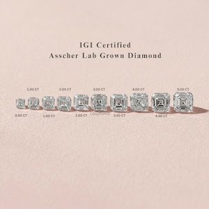 May include: An assortment of Asscher lab-grown diamonds, ranging from 0.50 CT to 5.00 CT, are displayed. The diamonds are square-cut with a step-cut facet arrangement. The image includes the text "IGI Certified Asscher Lab Grown Diamond".