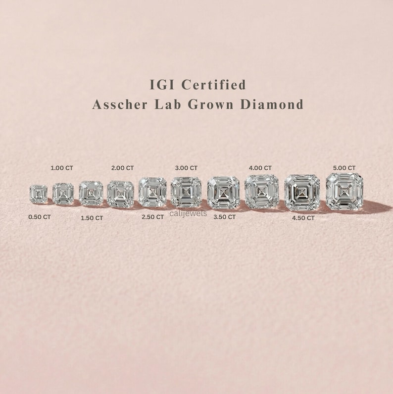 May include: An assortment of Asscher lab-grown diamonds, ranging from 0.50 CT to 5.00 CT, are displayed. The diamonds are square-cut with a step-cut facet arrangement. The image includes the text "IGI Certified Asscher Lab Grown Diamond".