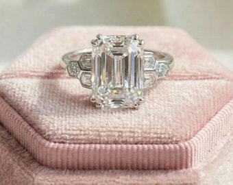 Emerald Cut Lab Diamond Art Deco Engagement Ring, 14K Gold, Geometric Hexagon and Bullet Side Stones, Modern Vintage Bridal Promise Gift