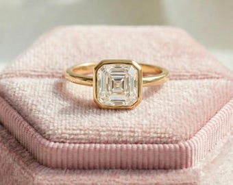 Asscher Cut Lab Diamond Bezel Set Wedding Ring, 14K Solid Gold Solitaire Ring, Engagement Ring For Her, Anniversary Ring Gift For Love