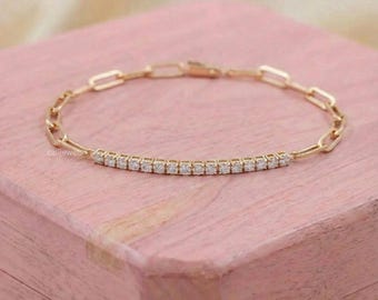 Bracciale con diamanti rotondi, metà tennis e metà graffetta, bracciale impilabile con diamanti provenienti da zone di conflitto, bracciale con catena a maglie in oro giallo 18 carati per lei