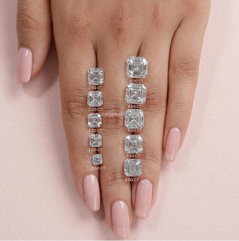 May include: Asscher cut diamonds of varying sizes, from 0.50 CT to 5.00 CT, are displayed on a hand with manicured nails. The diamonds are arranged in two columns, with the carat weight of each diamond clearly labeled.