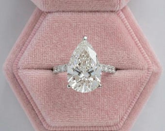 Anillo de compromiso con diamante sintético talla pera y banda pavé, joyería fina ética, anillo de boda solitario en forma de lágrima, regalo para ella.