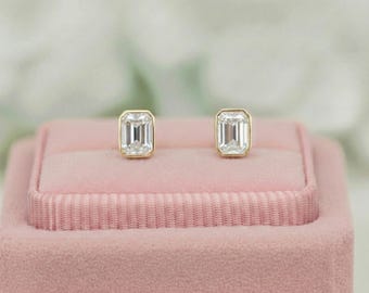 14K Gold Emerald Cut Lab Diamond Stud Earrings, Bezel Set
