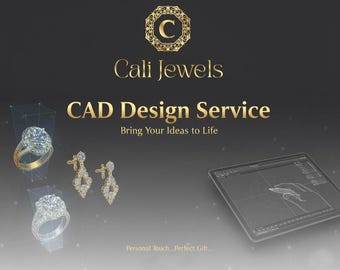 Op de afbeelding: Een advertentie voor Cali Jewels CAD Design Service. De afbeelding toont een gouden logo, sieradenontwerpen en een tablet met een CAD-programma. De tekst luidt "Bring Your Ideas to Life."