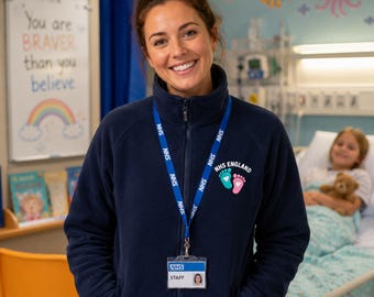 May include: A navy blue fleece jacket with a zip-up front, featuring an NHS England logo with two small footprints on the chest. A blue lanyard with the text NHS hangs around the neck, holding a plastic ID badge labelled NHS STAFF.
