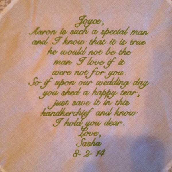 Mother of the GROOM LACE Heirloom Personalized Wedding Handkerchief Custom Embroidered