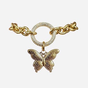 Gold Butterfly Chain Link Bracelet with Austrian Crystals in Pave Setting, Gold-Plated Stainless Steel