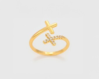 24-karaats vergulde kruisring: sierlijke religieuze sieraden, verstelbare open ring