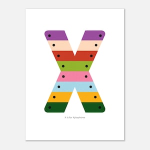 X wie Xylophone Poster • Illustrierte ABC Wandkunst für Kinder • Kinderzimmerdeko • Lerndruck für Kleinkindzimmer & Montessori-Räume