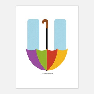 U is for Umbrella Poster • Illustrierte ABC Wandkunst für Kinder • Kinderzimmerdeko • Lernmotiv für Kleinkinderzimmer & Montessori-Räume