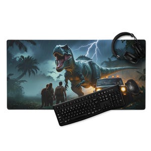 Jurassic T-Rex Jungle Storm Mouse Pad – Roaring Dinosaur Adventure Desk Mat, 36×18 or 18×16, Stitched Edges & Non-Slip Base