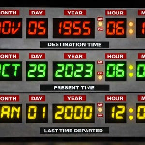 May include: A time circuit display with three rows of digital readouts. The top row shows "Destination Time" as November 5, 1955, at 6:15 AM. The middle row, "Present Time," is October 29, 2023, at 6:02 AM. The bottom row, "Last Time Departed," is January 1, 2000, at 12:00 PM.