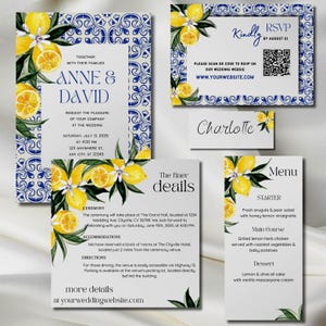 Zitronen Hochzeitseinladung Set: Italienische Fliesen Canva Template (Digitaler Download)