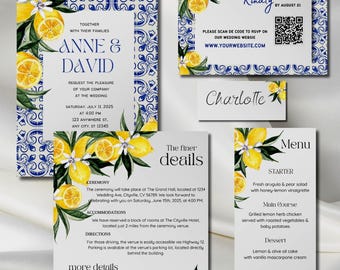 Lemon Wedding Invitation Set: Italian Tile Canva Template (Digital Download)