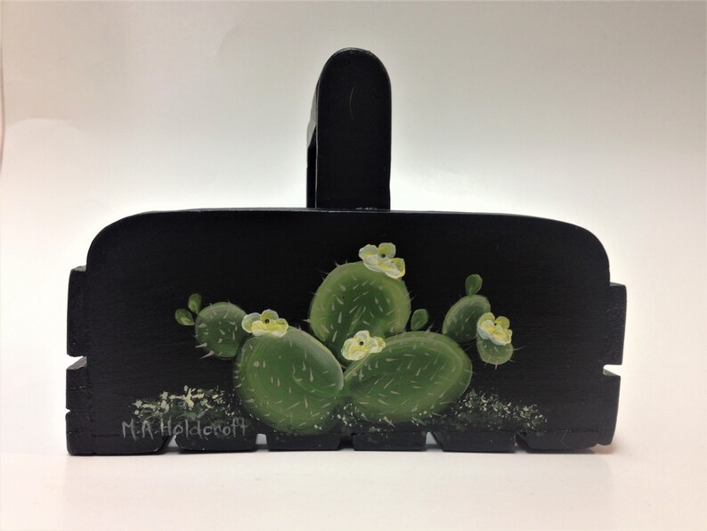 Wooden Basket with Prickly Pear Cactus hand painted