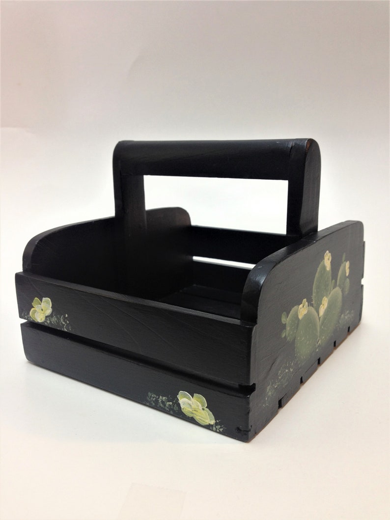 Wooden Basket with Prickly Pear Cactus hand painted